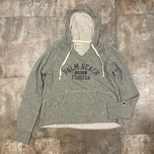 champion vintage gray palm beach florida v neck raw hem hoodie size extra large